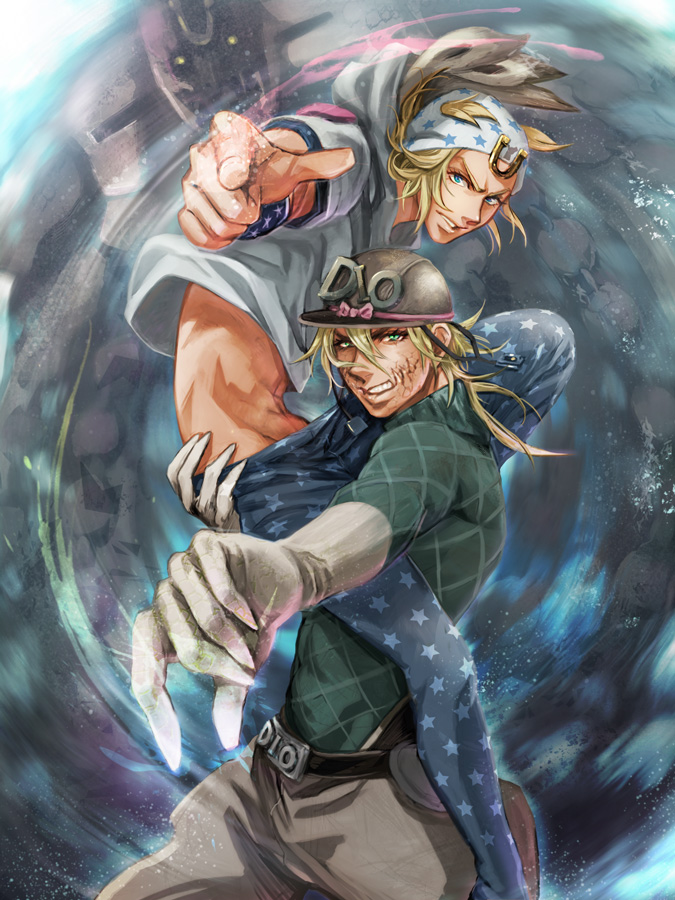 2boys blonde_hair blue_eyes claws diego_brando gloves green_shirt hat horseshoe_hat_ornament horseshoe_ornament johnny_joestar jojo_no_kimyou_na_bouken md5_mismatch multiple_boys pointing sasamaru_(sasamaru) shirt stand_(jojo) steel_ball_run sweater tusk_(stand) tusk_act4