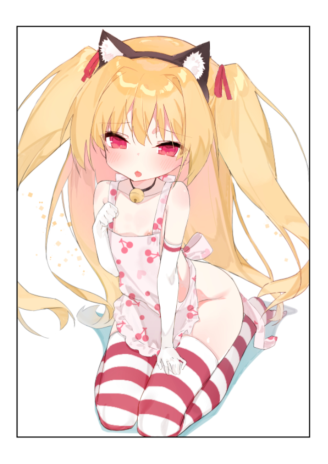 1girl animal_ears apron bell blonde_hair blush cat_ears choker elbow_gloves fake_animal_ears flat_chest gloves irotoridori_no_sekai long_hair naked_apron neck_bell nikaidou_shinku nipples open_mouth red_eyes seiza sitting solo striped_clothes striped_thighhighs takakura thighhighs two_side_up