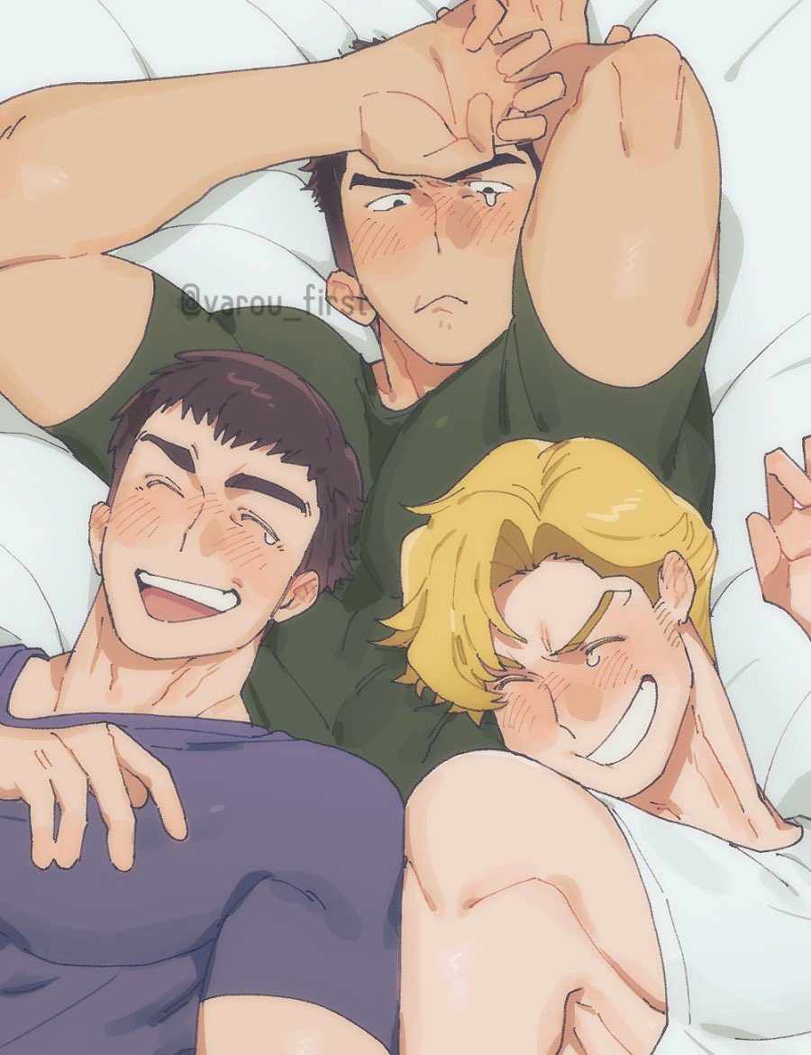 3boys ao_isami bara black_hair blush closed_eyes commentary_request facial_hair green_shirt laughing lewis_smith lying male_focus multiple_boys on_back open_mouth ryuji_satake shirt short_hair sideburns_stubble stubble t-shirt tank_top teeth toned toned_male twitter_username upper_body white_tank_top yarou_first yuuki_bakuhatsu_bang_bravern