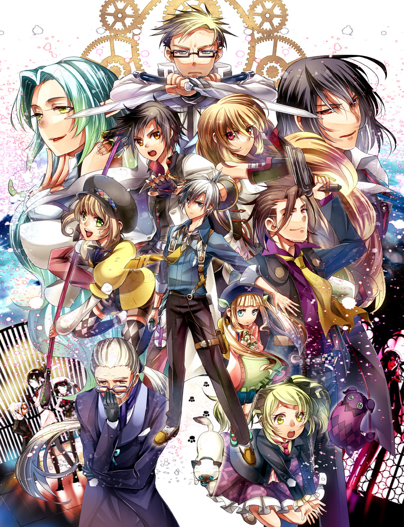 5girls 6+boys :o adjusting_eyewear alvin_(tales) argyle_clothes argyle_legwear black_hair black_hat blazer blonde_hair brown_eyes brown_hair capri_pants cat checkered_clothes checkered_legwear dress dual_wielding elize_lutus elle_mel_martha everyone formal_clothes gaius_(tales) glasses gloves green_eyes green_hair gun hat holding houhou_(black_lack) ivar_(tales) jacket jude_mathis julius_will_kresnik leia_rolando long_hair ludger_will_kresnik milla_(fractured) multiple_boys multiple_girls muzet_(tales) necktie nova_(tales) nova_(tales_of_xillia_2) pants patterned_legwear ponytail purple_dress red_eyes reverse_grip rideau rideau_(tales) ridou rollo_(tales) rowen_j._ilbert short_hair short_twintails shorts skirt smile staff suit sword tales_of_(series) tales_of_xillia tales_of_xillia_2 teepo_(tales) thighhighs twintails vel_(tales) vel_(tales_of_xillia_2) weapon white_hair yellow_eyes