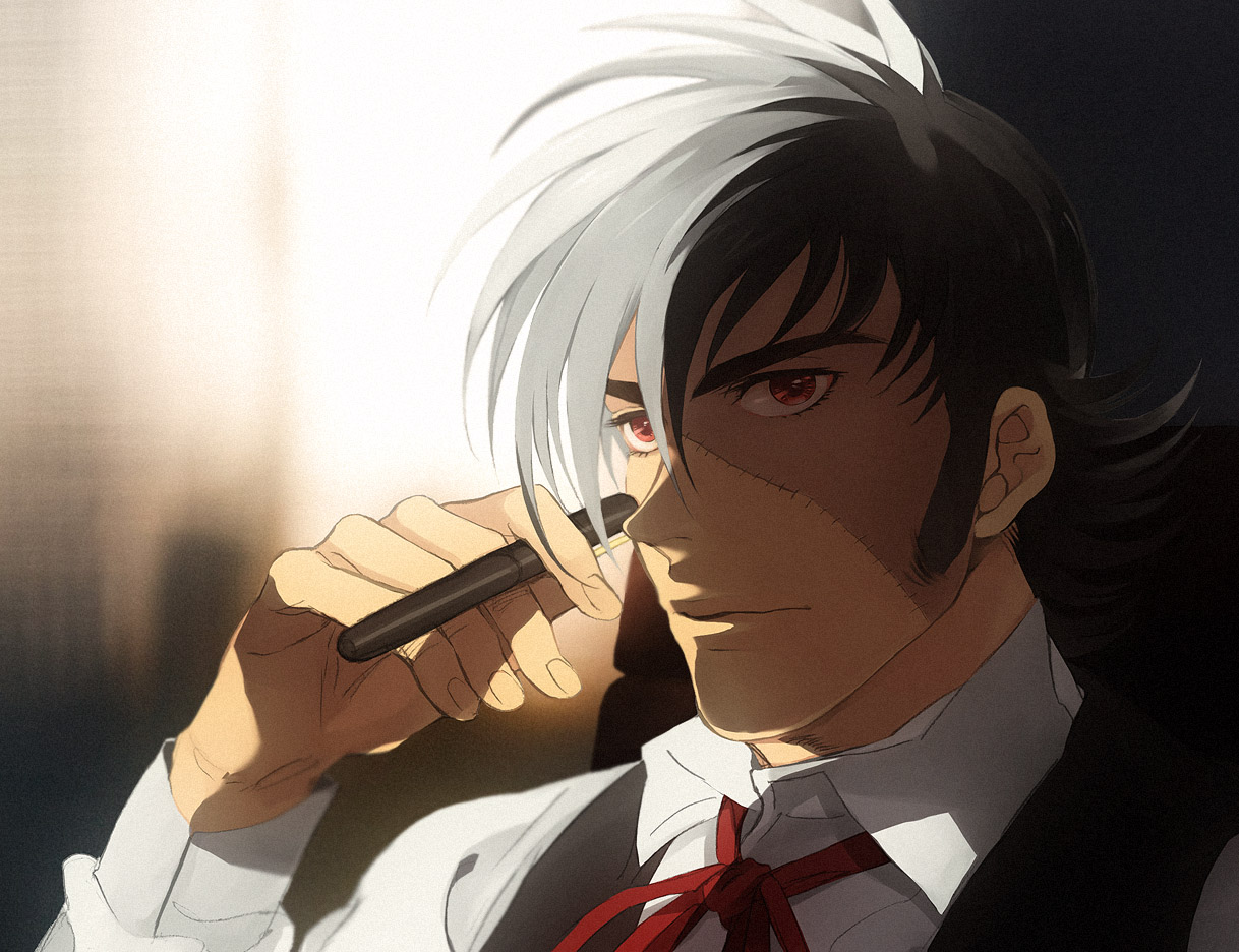 1boy black_hair black_jack black_jack_(character) black_jack_(series) faddawdle male_focus multicolored_hair pen red_eyes scar short_hair solo split-color_hair two-tone_hair white_hair