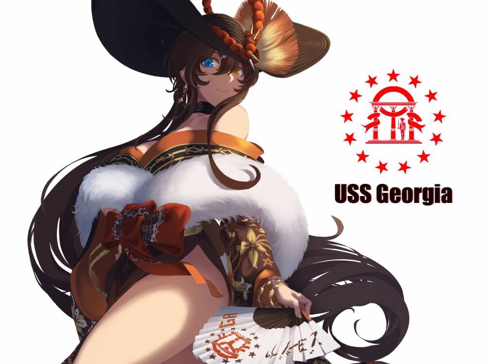 1girl azur_lane black_hair black_hat blue_eyes breasts character_name folding_fan fur georgia_(azur_lane) georgia_(exalted_vibrance)_(azur_lane) hand_fan hat heterochromia japanese_clothes kimono large_breasts long_hair paper_fan solo star_(symbol) sun_hat thighs user_hjcm7484 yellow_eyes