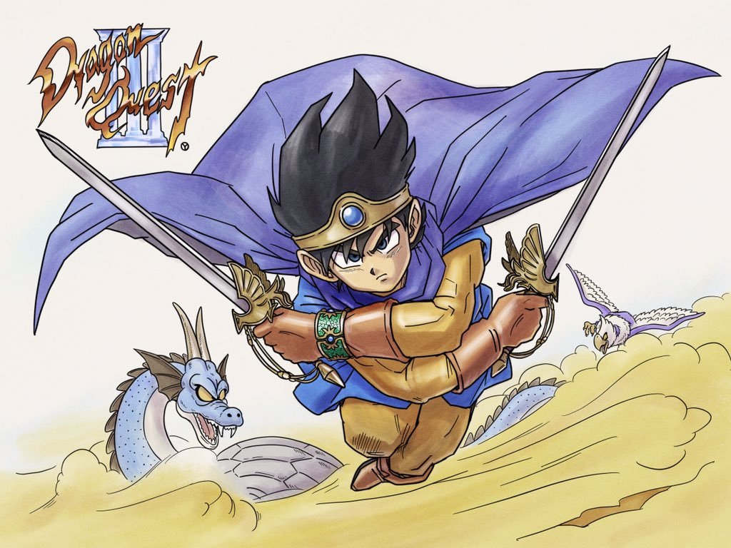 1boy 2others bird black_hair blue_eyes blue_gemstone blue_tunic boots bracelet brown_boots brown_gloves cape circlet commentary_request copyright_name creature_request dragon dragon_quest dragon_quest_iii dual_wielding fins floating_cape floating_clothes floating_hair gem gloves gold_circlet hades_condor_(dragon_quest) head_fins hero_(dq3) holding holding_sword holding_weapon incoming_attack jewelry looking_at_viewer male_focus multiple_others pants purple_cape roto_(dq3) short_hair solo_focus spiked_hair sword toriyama_akira_(style) tunic turtle_shell weapon white_background yellow_clouds yellow_pants yellow_sleeves yuto_sakurai