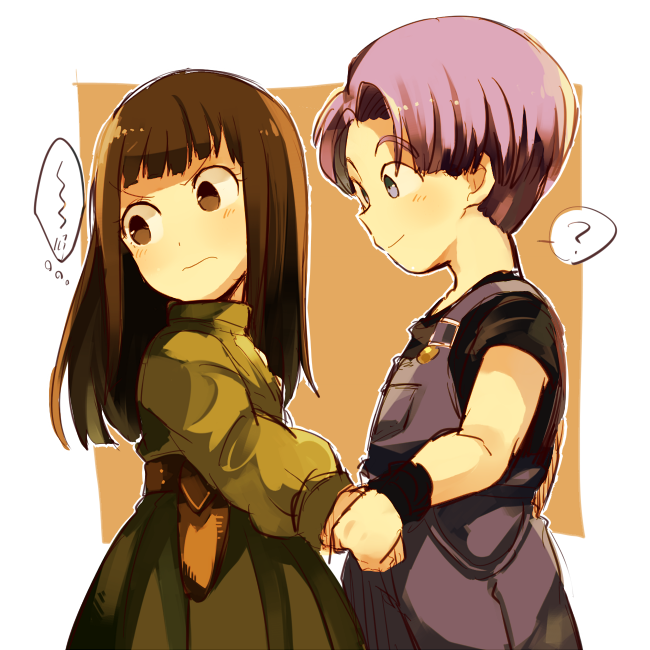 1boy 1girl ? asumi_chikyuu belt black_eyes black_hair black_shirt blue_eyes child dragon_ball dragon_ball_z_kami_to_kami dragonball_z dress embarrassed frown happy hetero holding_hands long_hair looking_at_another looking_away mai_(dragon_ball) nervous overalls purple_hair shirt short_hair simple_background smile speech_bubble trunks_(dragon_ball) white_background wristband