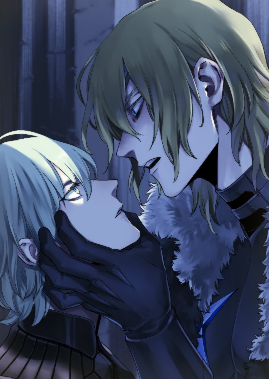 2boys armor bags_under_eyes black_armor black_fur black_gloves blonde_hair blue_eyes breastplate male_byleth_(enlightened)_(fire_emblem) male_byleth_(fire_emblem) commentary_request dimitri_alexandre_blaiddyd dimitri_alexandre_blaiddyd_(timeskip) eyelashes fire_emblem fire_emblem:_three_houses gloves gorget green_eyes green_hair hair_behind_ear hand_on_another&#039;s_face highres male_focus multiple_boys nintendo open_mouth profile teeth upper_body upper_teeth_only urup_zzz white_fur