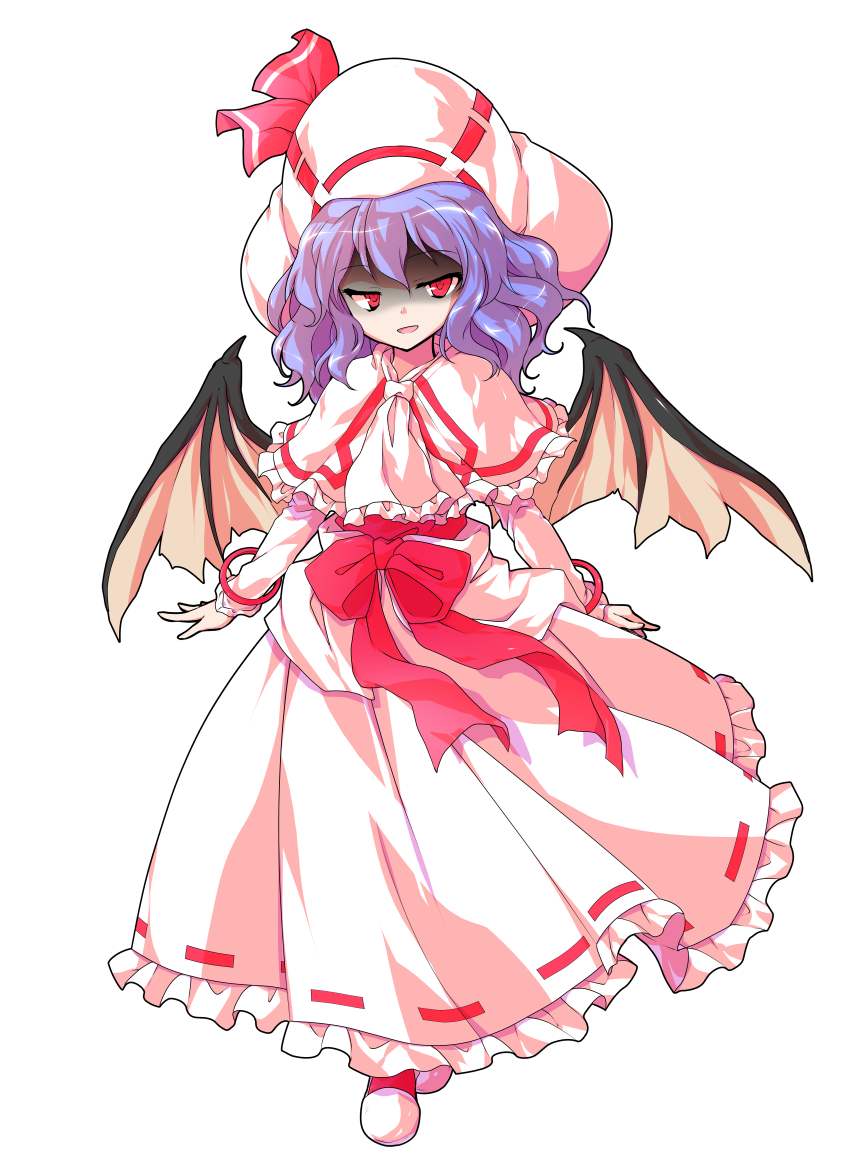 1girl arms_at_sides ascot bat_wings bow capelet commentary_request curiosities_of_lotus_asia dairi dress dress_bow dress_ribbon frilled_ascot frilled_capelet frilled_dress frills full_body half-closed_eyes hat hat_bow large_variant_set long_hair long_sleeves looking_at_viewer parted_lips pink_ascot pink_capelet pink_dress pink_shoes purple_hair red_bow red_eyes red_ribbon red_socks remilia_scarlet ribbon ribbon-trimmed_dress ribbon_trim shaded_face shoes simple_background smile socks solo straight-on tachi-e touhou transparent_background variant_set walking wavy_hair wings
