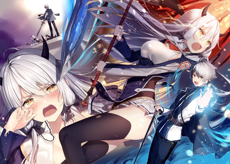 1boy 1girl ass battle black_pants black_ribbon black_thighhighs blush breasts commentary_request floating_hair glowing glowing_eye grey_hair hair_between_eyes hair_ribbon holding holding_sword holding_weapon horns ikikake_eiyuu_koushi_no_last_quest large_breasts long_hair looking_at_viewer lossy-lossless lying miniskirt necktie necomi novel_illustration official_art on_back open_mouth outstretched_arm pants pleated_skirt polearm red_necktie ribbon shatter_(ikikake_eiyuu_koushi_no_last_quest) short_necktie sideboob skirt standing sword teeth thighhighs thighs upper_teeth_only very_long_hair weapon white_hair white_skirt yellow_eyes