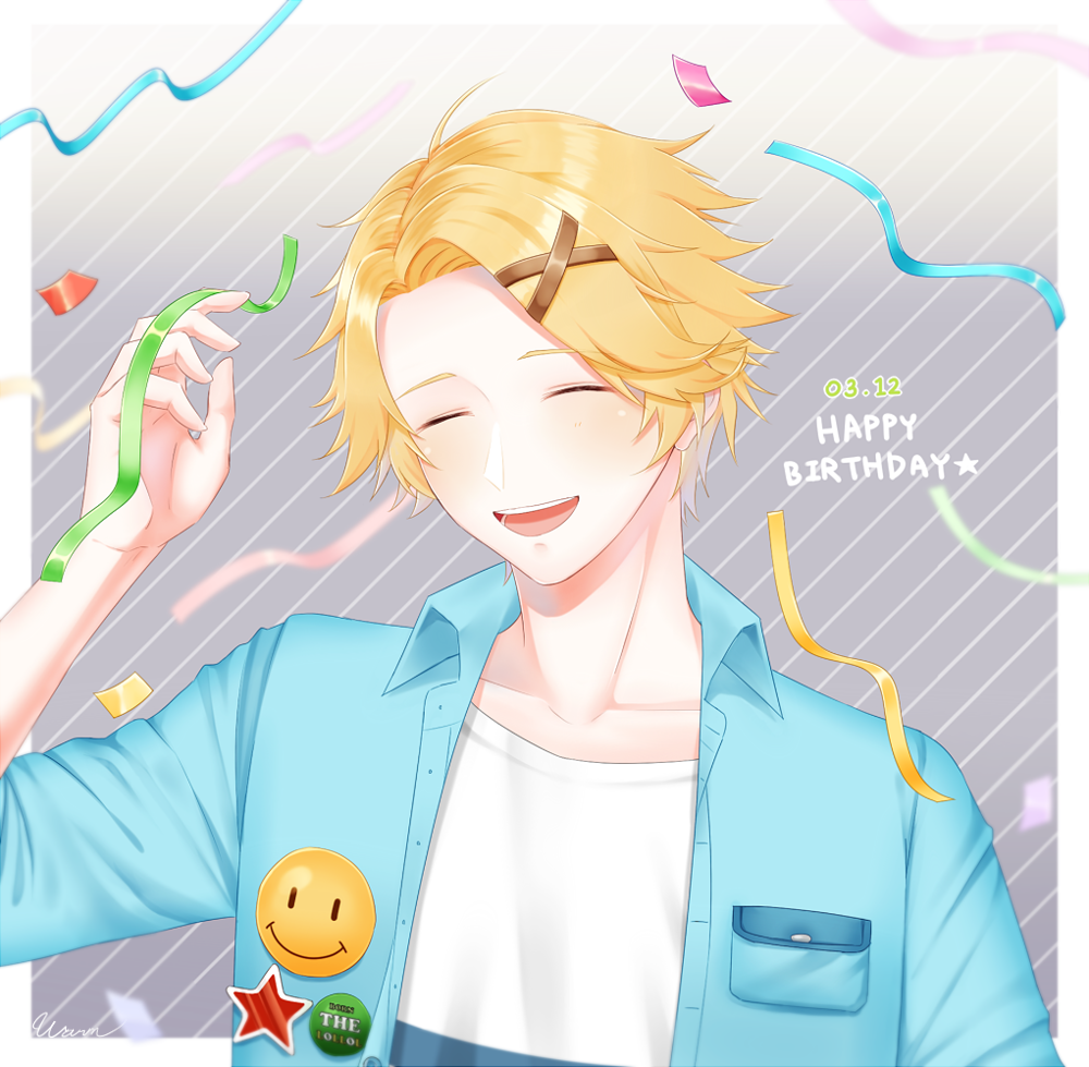 1boy badge blonde_hair blue_jacket button_badge closed_eyes commentary confetti dated hair_ornament hairclip happy_birthday jacket kim_yoosung male_focus open_mouth shirt short_hair smiley_face solo striped_background susanghan_messenger symbol-only_commentary upper_body warm_(vva_rnn) white_shirt