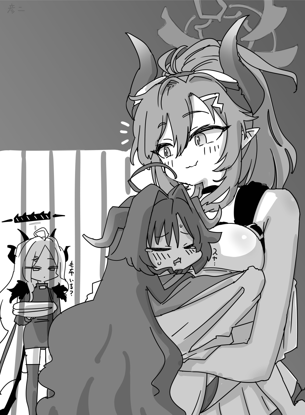 3girls ahoge blue_archive blush breasts commentary_request demon_horns demon_wings drooling greyscale hair_intakes halo hanging_on_another highres hina_(blue_archive) horns hug kasumi_(blue_archive) lab_coat large_breasts long_hair looking_at_another megu_(blue_archive) monochrome mouth_drool multiple_girls nishino_hikoji parted_bangs pointy_ears ponytail prison prison_cell scared straight_hair tears very_long_hair wings