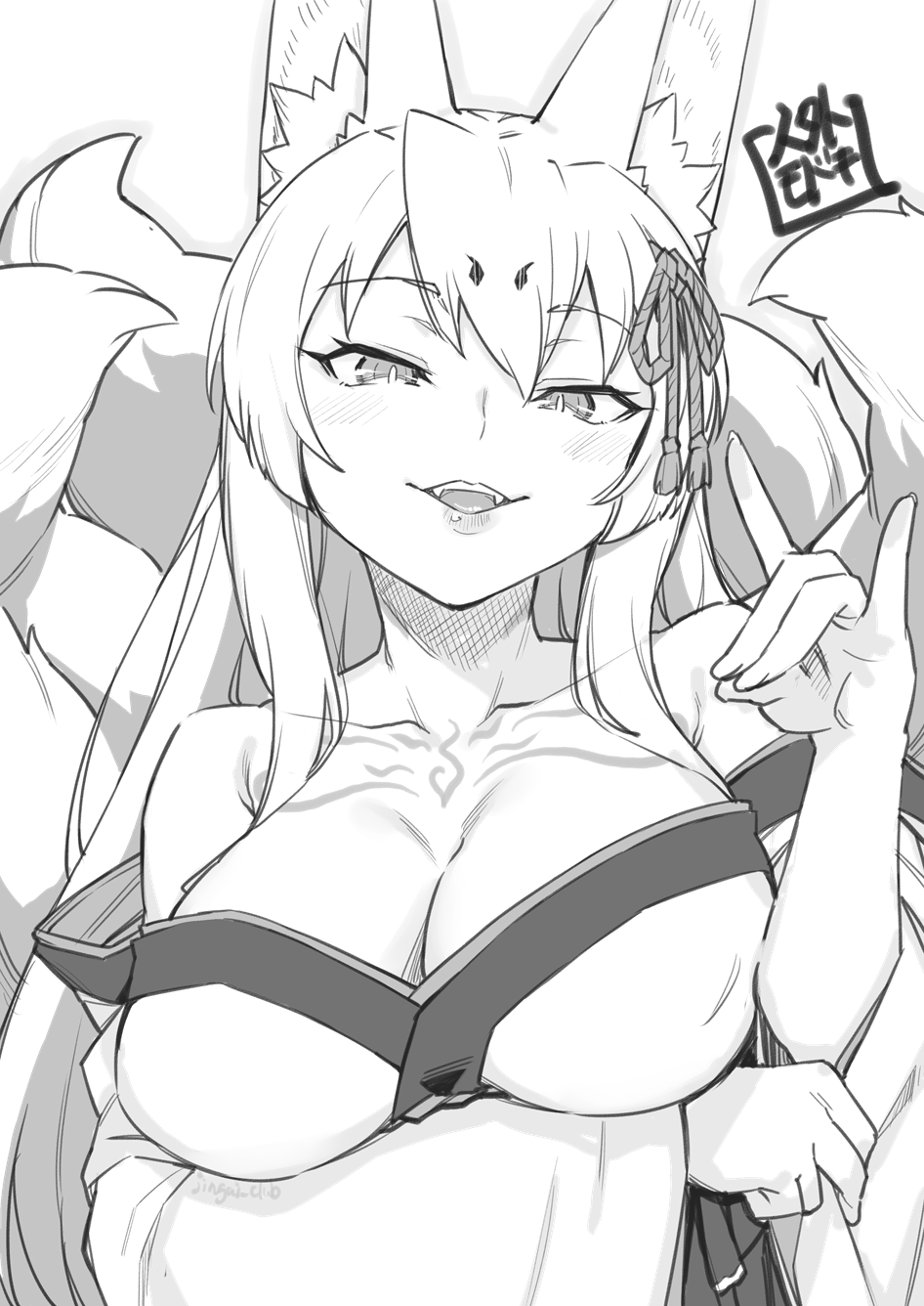 1girl animal_ears bare_shoulders blush breasts collarbone fox_ears fox_girl fox_shadow_puppet fox_tail greyscale highres japanese_clothes jingai_modoki kimono kitsune large_breasts long_hair looking_at_viewer mon-musu_quest! monochrome multiple_tails open_mouth smile solo tail tamamo_(mon-musu_quest!) tamamo_(true_form)_(mon-musu_quest!)
