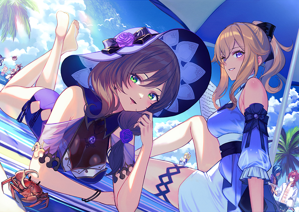 2boys 6+girls ahoge amber_(genshin_impact) argyle_clothes argyle_cutout barbara_(genshin_impact) barbara_(summertime_sparkle)_(genshin_impact) bare_shoulders barefoot beach beach_mat beach_umbrella blonde_hair blue_eyes blue_hair blue_one-piece_swimsuit blue_shirt blue_sky bow brown_hair clothing_cutout cloud crab detached_sleeves diluc_(genshin_impact) drill_hair fern genshin_impact green_eyes hair_between_eyes hair_bow hair_over_shoulder hat high-waist_shorts high_ponytail jean_(genshin_impact) jean_(sea_breeze_dandelion)_(genshin_impact) kaeya_(genshin_impact) klee_(genshin_impact) lisa_(genshin_impact) long_hair looking_at_viewer lying mona_(genshin_impact) multiple_boys multiple_girls ocean official_alternate_costume on_stomach one-piece_swimsuit outdoors paimon_(genshin_impact) paper partially_submerged ponytail red_hair shirt shorts sitting sky smile swimsuit the_pose thigh_strap thighs twin_drills umbrella unowen water white_shirt white_shorts witch_hat