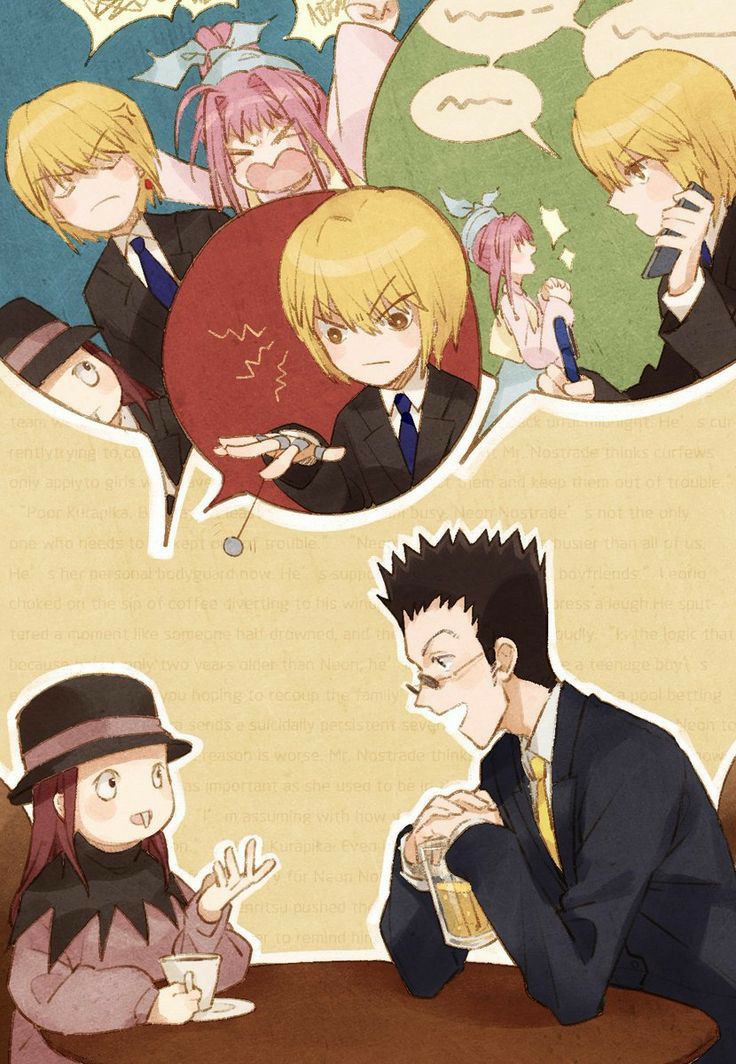 &gt;_&lt; 2boys 2girls alcohol anger_vein annoyed beer black_hair blonde_hair brown_hair cup earrings glasses greeeeey3 hat hunter_x_hunter image_in_speech_bubble jewelry kurapika leorio_paladiknight multiple_boys multiple_girls neon_nostrade pink_hair senritsu sitting table talking talking_on_phone teacup tuxedo