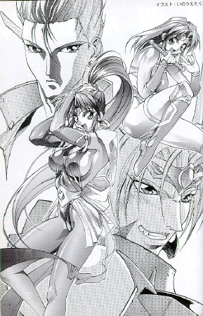 1990s_(style) 2boys 2girls boots breasts choujin_gakuen_gowcaizer fang hishizaki_shaia_(gowcaizer) inoue_takuya kaiza_isato lowres monochrome multiple_boys multiple_girls official_art retro_artstyle ribbon shigure_kyosuke sideboob son_karin taku_inoue technos