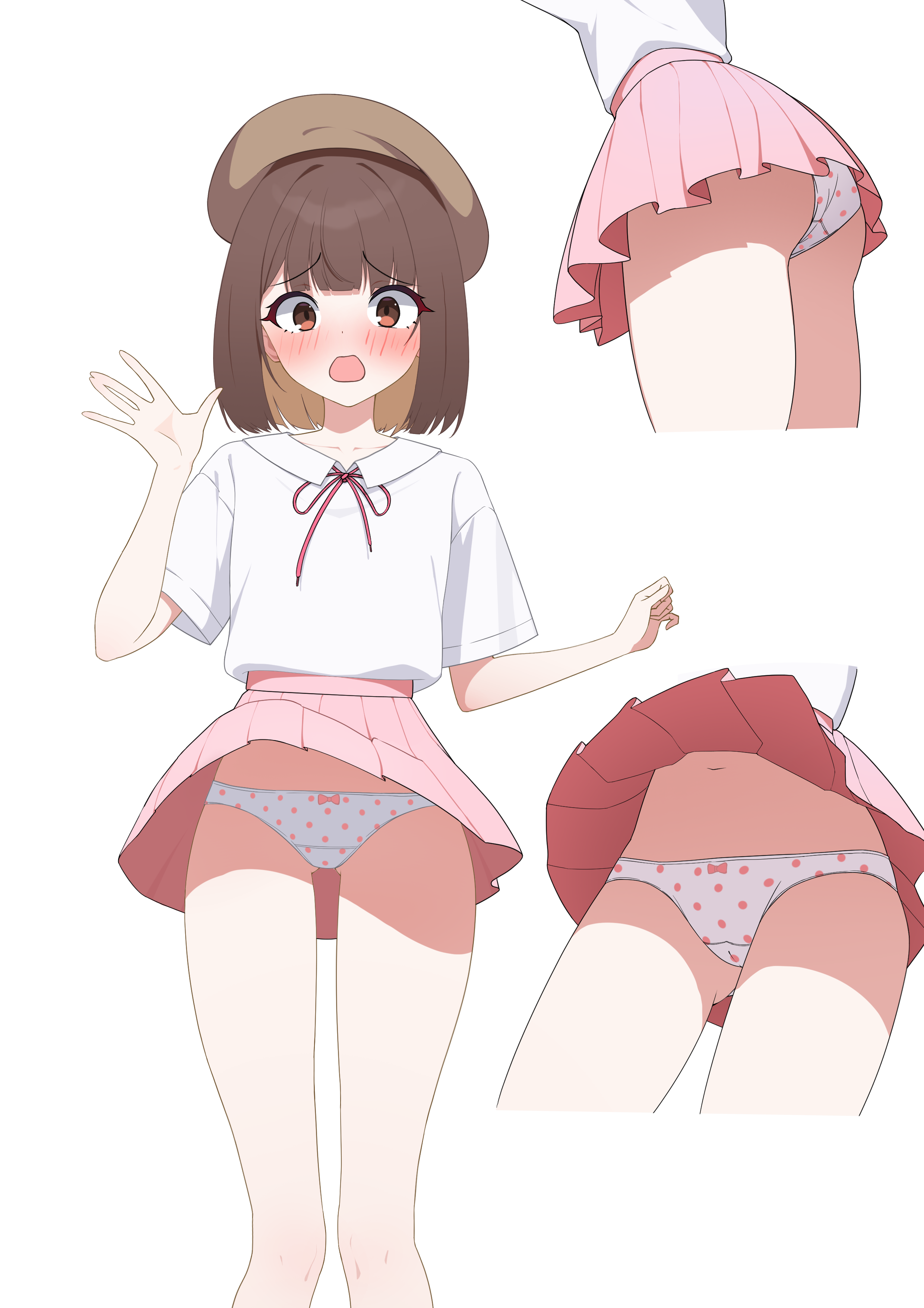 1girl absurdres accidental_exposure beret blunt_bangs blush bow bow_panties brown_eyes brown_hair brown_hat commission constricted_pupils embarrassed hat highres looking_at_viewer multiple_views neck_ribbon open_mouth panties pantyshot pink_ribbon pink_skirt polka_dot polka_dot_panties ribbon saionji_(tanakeda) schwarz_rubin shirt short_hair skirt tanaka-kun_wa_itsumo_kedaruge transparent_background underwear upskirt waving white_panties white_shirt wind wind_lift