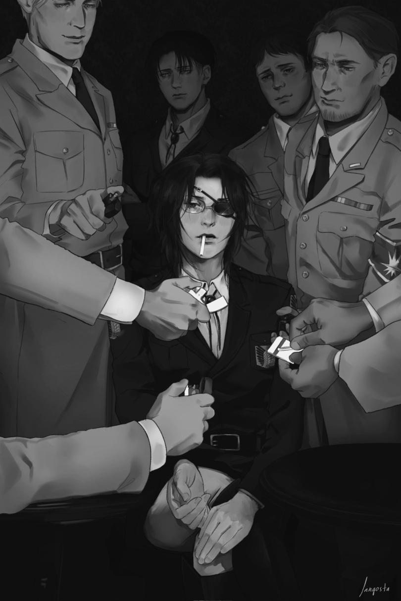 1girl 4boys artist_request character_request cigarette eyepatch glasses hange_zoe highres iangost levi_(shingeki_no_kyojin) lighter matches military_uniform monochrome movie_reference multiple_boys reference shingeki_no_kyojin sitting tagme