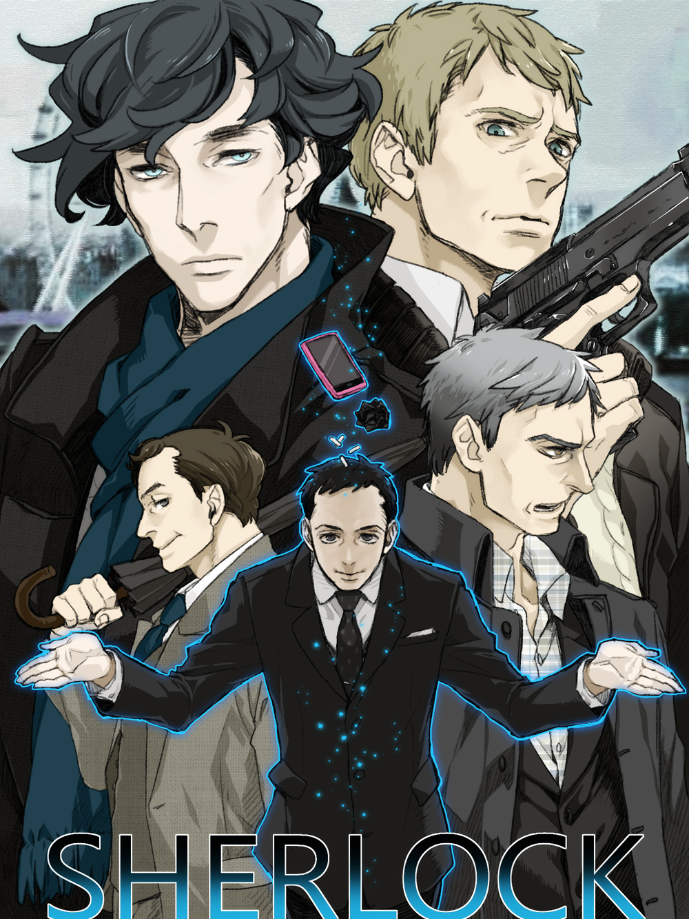5boys animification aqua_eyes bad_id bad_pixiv_id black_hair brown_hair cellphone formal_clothes green_eyes greg_lestrade grey_hair gun highres james_moriarty john_hamish_watson kagari-rdj kagari_(rdj) long_coat male_focus manly multiple_boys mycroft_holmes necktie phone sherlock_(bbc) sherlock_holmes sherlock_holmes_(sherlock) short_hair suit the_adventures_of_sherlock_holmes umbrella weapon