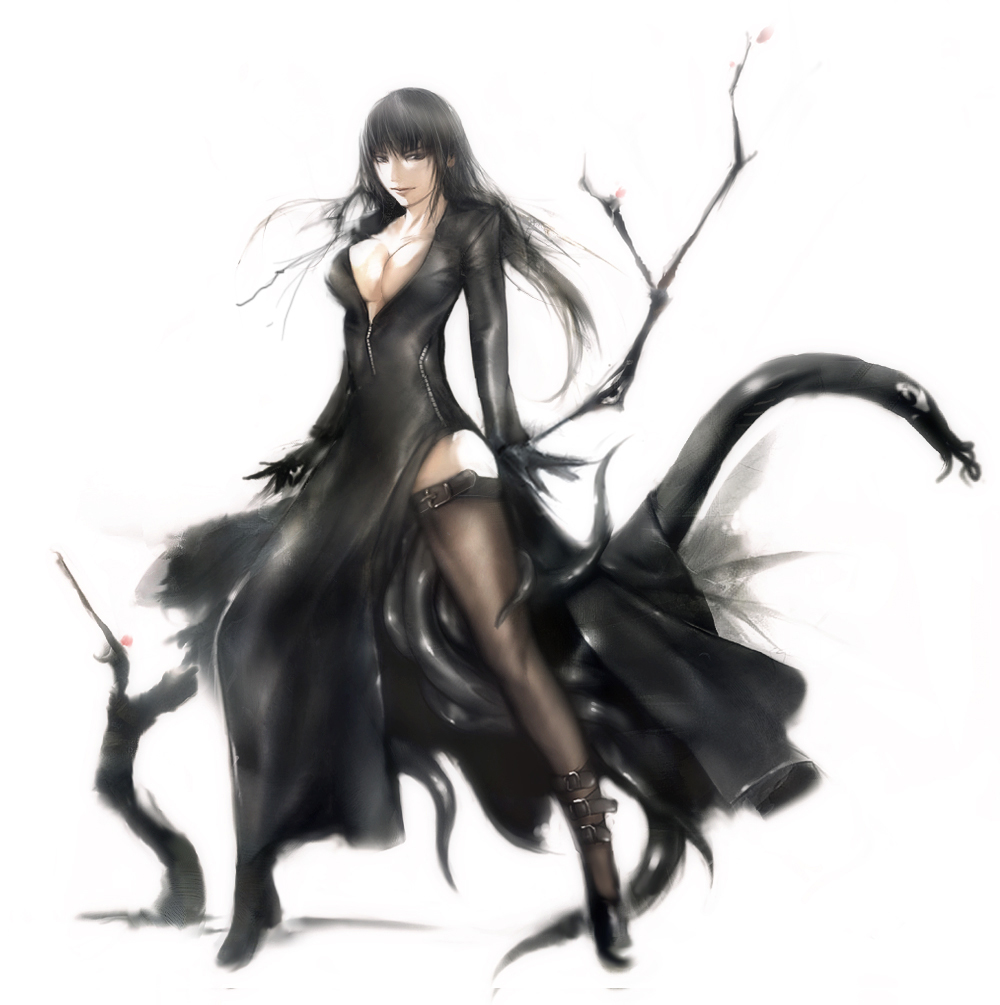 1girl black_hair breasts cleavage female_focus huge_breasts koyama_sousuke large_breasts leather original samael solo thighhighs zipper
