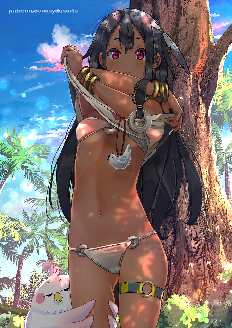 1boy 1girl alternate_hair_length alternate_hairstyle arms_up artist_name bad_id bad_pixiv_id bikini bikini_under_clothes bird black_hair bracelet breasts choi_mochimazzui clothes_lift cloud dark-skinned_female dark_skin dera_mochimazzui feathers gluteal_fold hair_ornament highres jewelry lifting_own_clothes long_hair navel o-ring aged_up outdoors red_eyes shirt shirt_lift sky small_breasts smile swimsuit sydus tamako_market thigh_grab thigh_strap tree undressing watermark white_bikini white_shirt