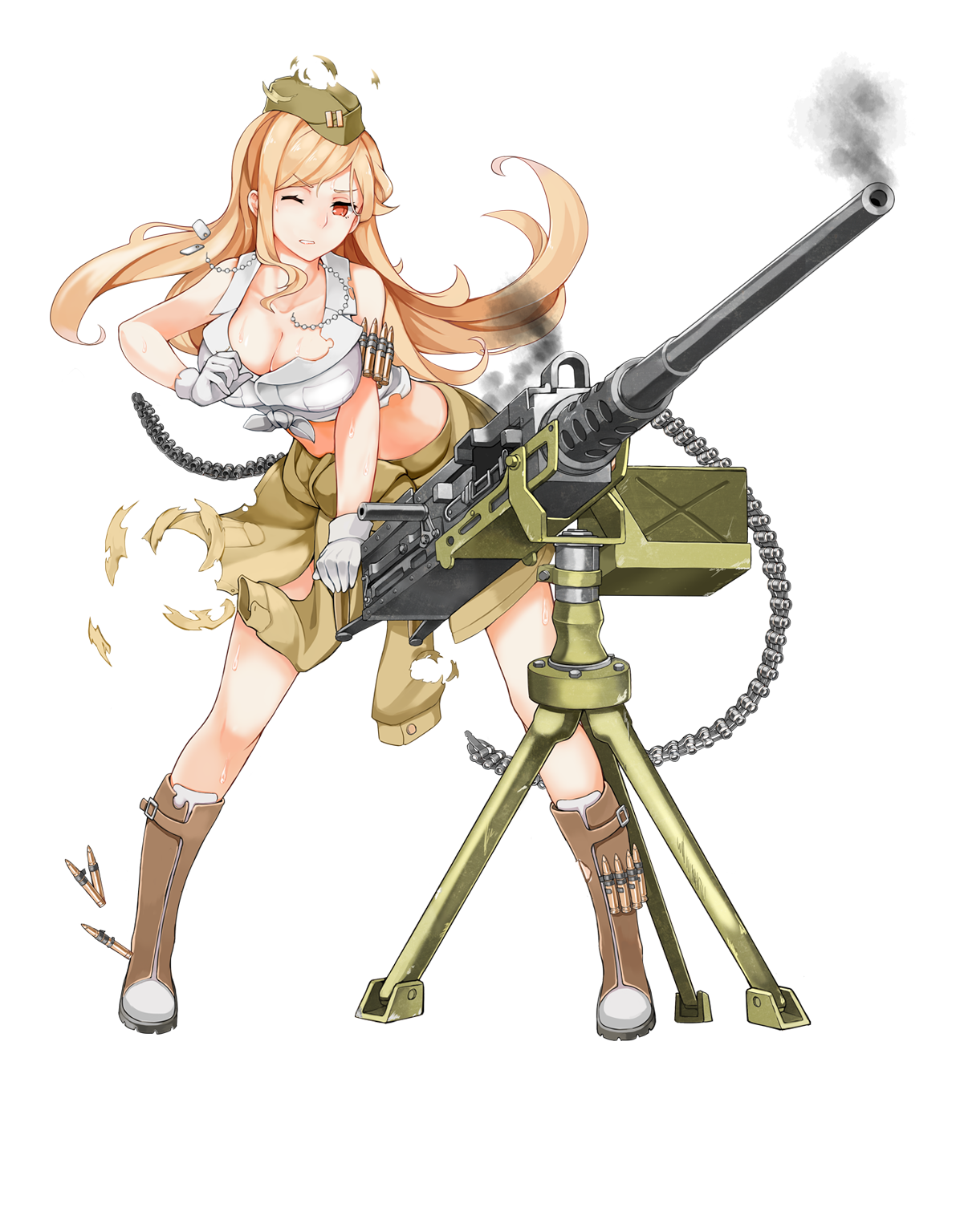 .50_bmg 1girl ammunition ammunition_belt anti-materiel_cartridge blonde_hair boots breasts browning_m2 bullet clothes_around_waist crop_top dog_tags female_focus front-tie_top full_body garrison_cap girls'_frontline gun hat heavy_machine_gun highres hmg_cartridge jacket jacket_around_waist large_breasts looking_at_viewer m2hb_(girls'_frontline) m9_link machine_gun magnum_cartridge match_grade_ammunition midriff military_cartridge official_art one_eye_closed parted_lips personification rifle_cartridge solo standing supersonic_ammunition torn_clothes torn_jacket transparent_background weapon