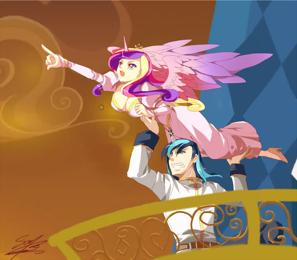 1boy 1girl aqua_eyes artist_request breasts couple dress high_heels horns long_hair multicolored_hair my_little_pony my_little_pony:_friendship_is_magic open_mouth personification princess_cadance purple_eyes shining_armor single_horn two-tone_hair wings