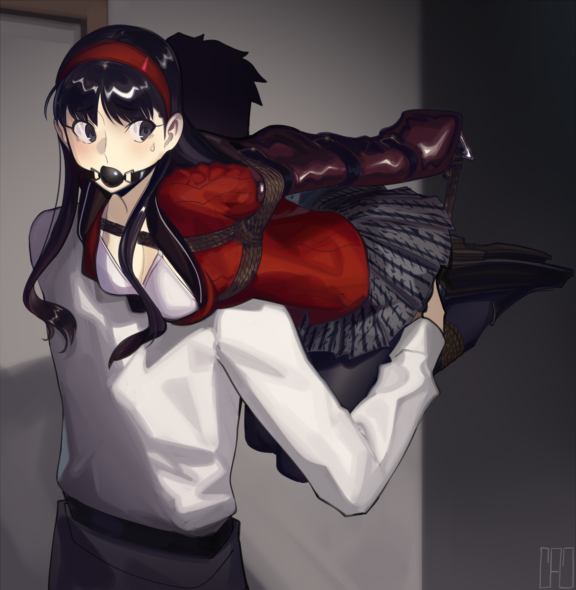 1boy 1girl abduction amagi_yukiko armbinder ball_gag bdsm black_hair black_skirt bondage bound bra breasts cad_(caddo) carrying carrying_person commission gag highres kidnapped kidnapping miniskirt peril persona persona_5 red_shirt second-party_source shirt skirt tagme underwear white_bra