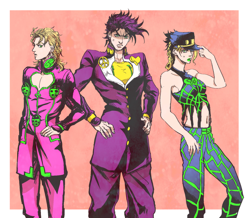 1girl 2boys blonde_hair cosplay dio_brando frown gakuran giorno_giovanna giorno_giovanna_(cosplay) green_eyes green_lips hat higashikata_josuke higashikata_jousuke_(cosplay) jojo_no_kimyou_na_bouken joseph_joestar joseph_joestar_(young) kuujou_jolyne lipstick makeup multicolored_hair multiple_boys natsu_yasai purple_hair school_uniform sweat two-tone_hair vento_aureo
