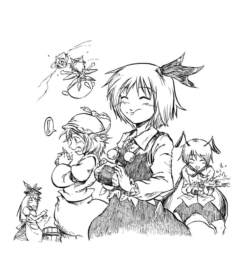 5girls animal_ears antennae bow cape cirno dress eating female_focus greyscale hair_bow hair_ribbon hat kamishirasawa_keine long_hair monochrome multiple_girls mystia_lorelei pandemonium ribbon rumia short_hair skirt team_9_(touhou) touhou white_background wings wriggle_nightbug