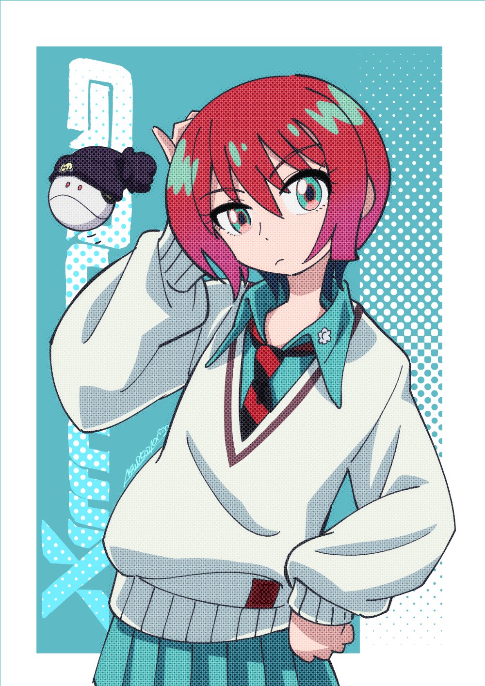 1girl amate_yuzuriha as&#039;maria beanie black_hat border commentary_request cowboy_shot green_background green_eyes green_hair green_shirt green_skirt gundam gundam_gquuuuuux halftone haro hat highres multicolored_hair red_hair shirt short_hair simple_background skirt solo_focus sweater two-tone_hair white_border white_sweater