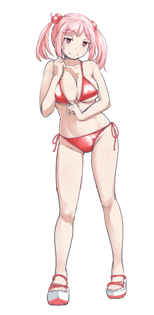 1girl alternate_breast_size alternate_costume bikini breasts full_body hair_bobbles hair_ornament kantai_collection large_breasts looking_at_viewer mimofu_(fullhighkick) pink_eyes pink_hair red_bikini sandals sazanami_(kancolle) short_hair side-tie_bikini_bottom simple_background solo swimsuit twintails white_background