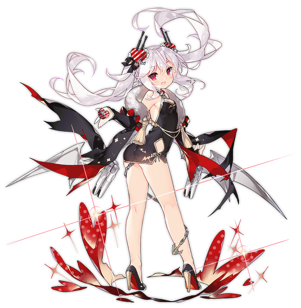 1girl :d alternate_costume anchor ass azur_lane black_bow black_dress black_shoes blue_bow bow breasts candy chain china_dress chinese_clothes chocolate chocolate_heart cleavage dress female_focus food full_body hair_between_eyes hair_bow hair_ornament halterneck heart heart_hair_ornament high_heels kneepits legs_apart long_hair microdress no_bra official_art open_mouth pink_bow red_eyes saru shoes smile solo sparkle standing tachi-e tassel transparent_background twintails vampire_(azur_lane) vampire_(the_breath_of_spring)_(azur_lane) white_hair