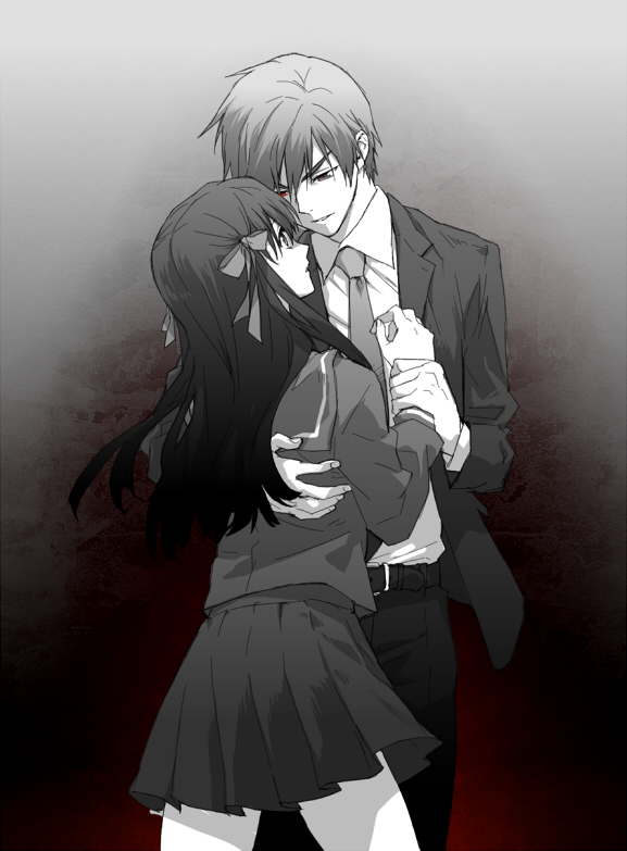 1boy 1girl black_hair black_serafuku blunt_bangs formal_clothes grey_hair hair_ribbon himeno_mikoto himuro_hitoshi holding kaii_shoukougun long_hair looking_at_another rh0012 ribbon school_uniform serafuku short_hair