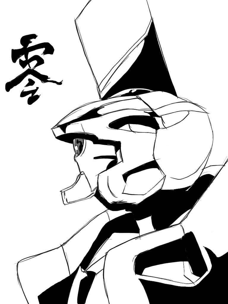 commentary_request eva_00 evangelion_(mecha) mecha mecha_focus monochrome natesuke neon_genesis_evangelion no_humans one-eyed robot scan science_fiction super_robot traditional_media translation_request upper_body white_background