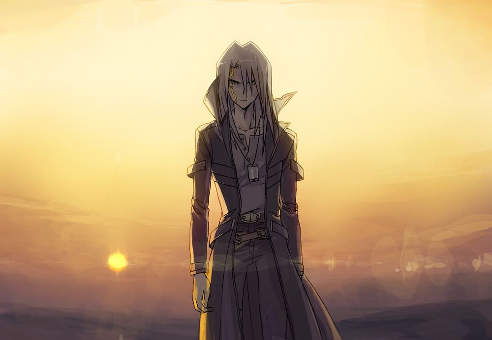 1boy belt clear_sky coat dappled_sunlight evening facial_mark facing_viewer grey_eyes grey_hair grey_jacket grey_pants grey_shirt harmonica holster horizon instrument jacket jewelry kiryu_kyosuke looking_at_viewer moribuden mountainous_horizon necklace open_clothes open_jacket orange_sky outdoors pants popped_collar shirt sky sunlight trench_coat walking_towards_viewer yu-gi-oh! yu-gi-oh!_5d&#039;s