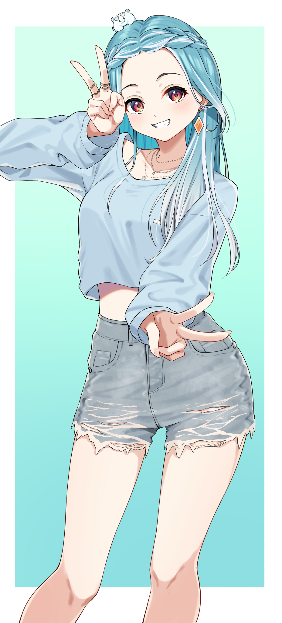 1girl blue_hair blue_shirt border braid creature_on_head denim denim_shorts dot_nose double_v earrings feet_out_of_frame gradient_hair grin highres jewelry long_hair looking_at_viewer midriff_peek multicolored_hair multiple_necklaces multiple_rings outside_border red_eyes ring shiranami_ramune shiranami_ramune_(4th_costume) shirt shorts simple_background single_earring smile solo standing streaked_hair syurimp torn_clothes torn_shorts v virtual_youtuber vspo! white_border