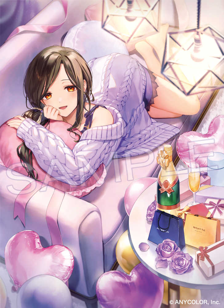 1girl balloon brown_hair champagne_bottle couch flower hand_on_own_cheek hand_on_own_face heart_balloon jacket long_hair long_sleeves looking_at_viewer low_ponytail nijisanji off_shoulder official_art open_mouth orange_eyes pillow ponytail purple_flower purple_jacket ribbed_jacket sample_watermark shirayuki_tomoe shirayuki_tomoe_(7th_costume) smile solo tsunakawa virtual_youtuber watermark