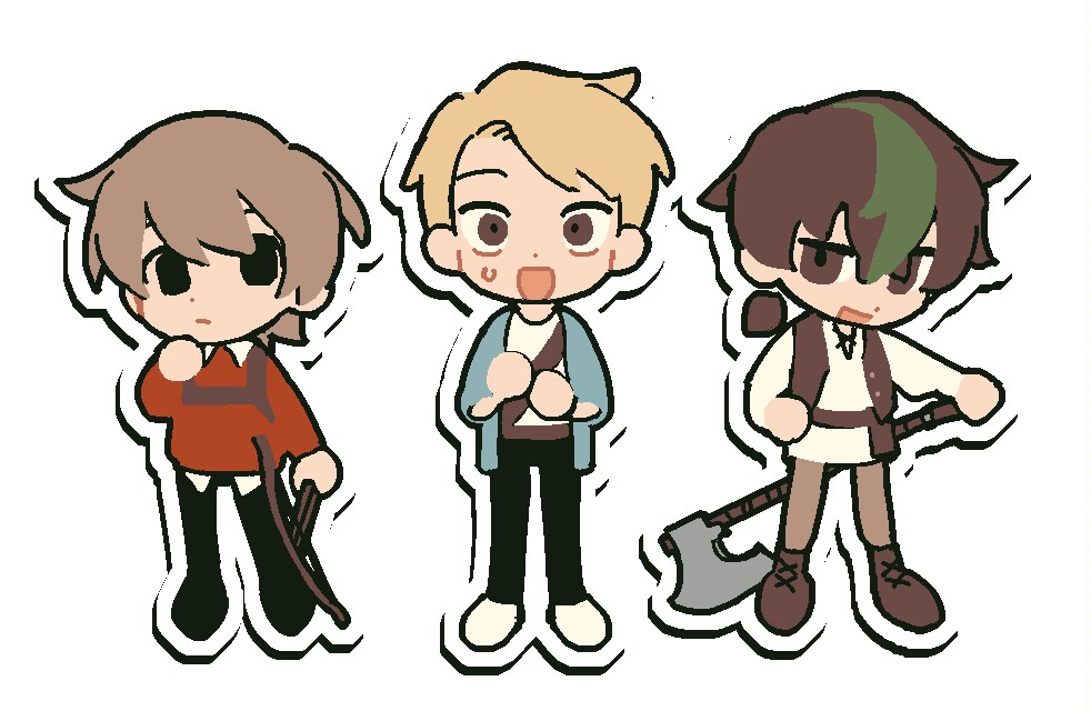 3boys axe black_eyes blonde_hair blue_jacket bow_(weapon) brown_eyes brown_hair chibi chibi_only chinese_commentary commentary_request cosplay crossbow full_body green_hair grian_(youtuber) hand_on_own_hip holding holding_axe holding_crossbow holding_weapon jacket light_brown_hair male_focus medium_hair minecraft_youtube mipaihere multicolored_hair multiple_boys open_clothes open_jacket open_mouth ponytail red_sweater shirt short_hair shrek shrek_(cosplay) shrek_(series) smallishbeans solidaritygaming standing streaked_hair surprised sweatdrop sweater traffic_life_series two-tone_hair weapon white_background white_shirt