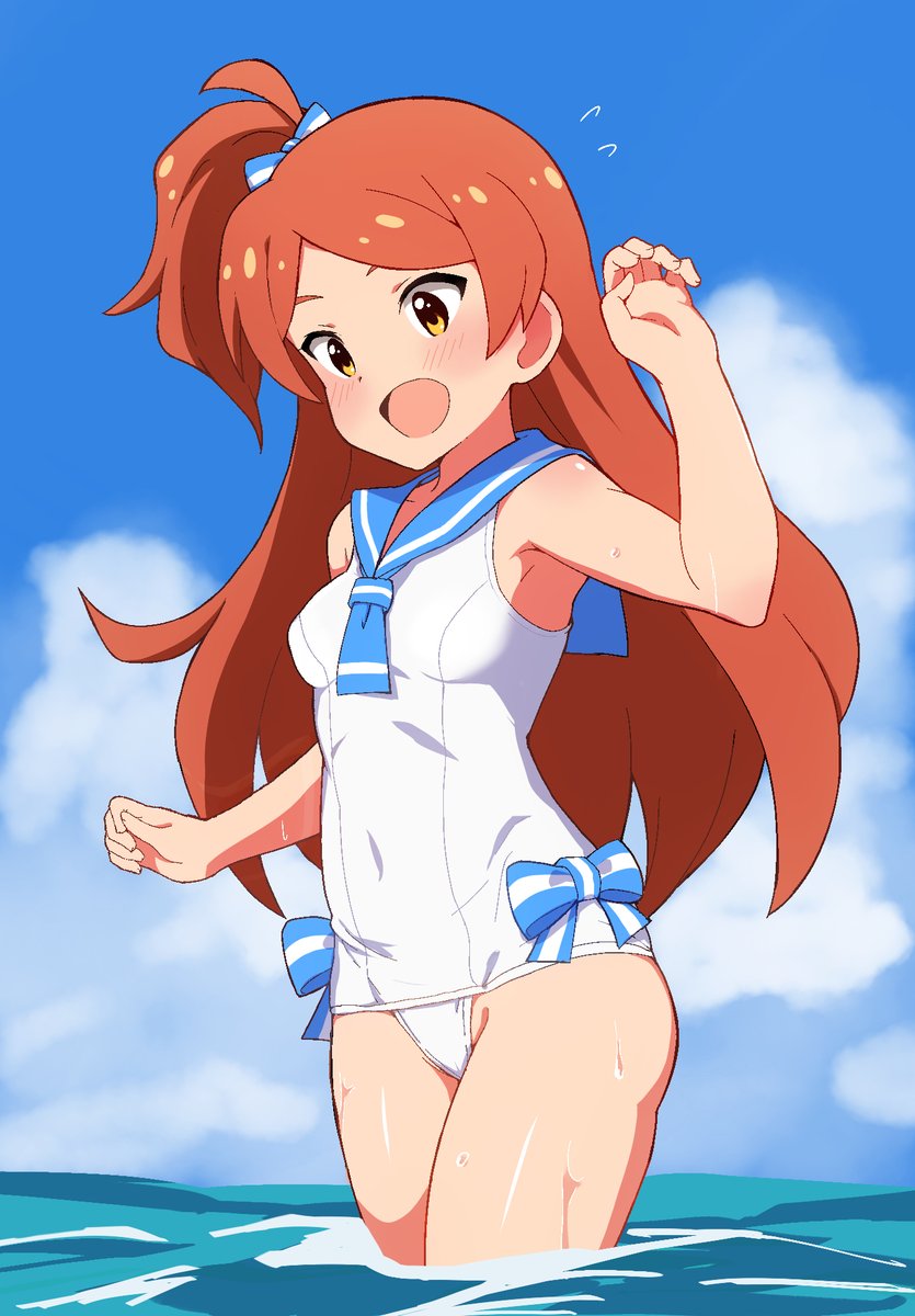 1girl :d armpits blue_bow blue_ribbon blue_sailor_collar blue_sky blush bow breasts cloud cloudy_sky covered_navel cowboy_shot dot_nose flipped_hair hair_ribbon hand_up high_side_ponytail highres idolmaster idolmaster_million_live! idolmaster_million_live!_theater_days long_hair nejime_(nejimeinu) ocean ogami_tamaki one-piece_swimsuit open_mouth orange_hair parted_bangs ribbon ribbon-trimmed_swimsuit ribbon_trim sailor_collar sailor_one-piece_swimsuit sailor_swimsuit_(idolmaster) sidelocks sky small_breasts smile solo standing sweat sweatdrop swimsuit water water_drop yellow_eyes
