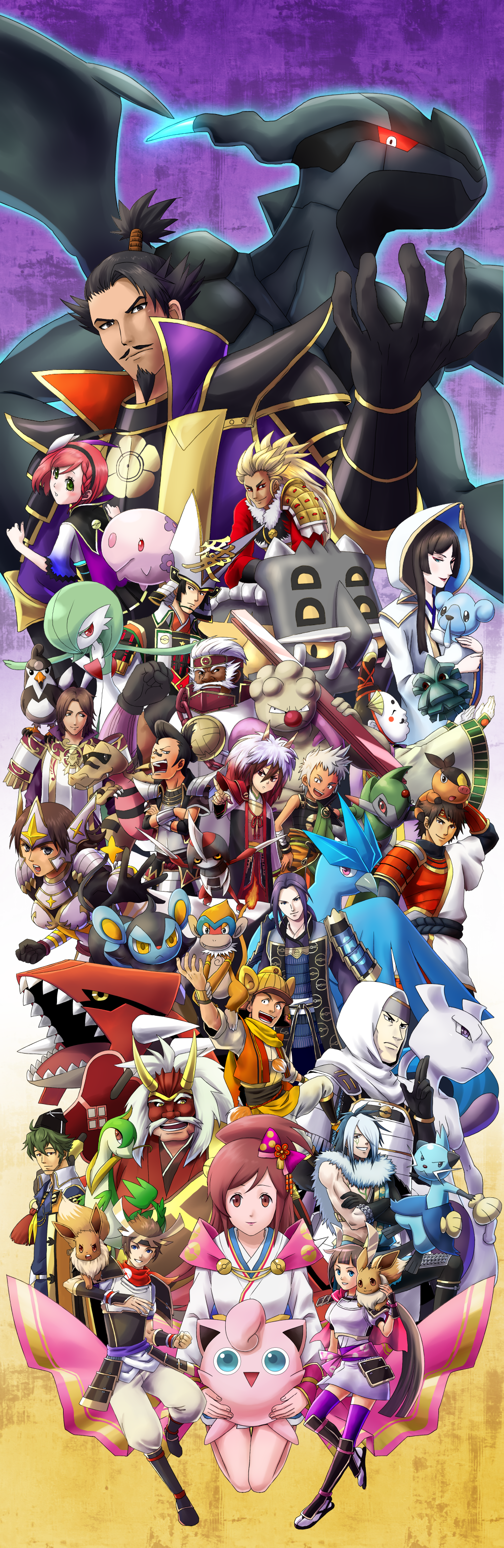 absurdres akechi_mitsuhide armor articuno aya_gozen bastiodon chosokabe_motochika cubchoo dewott eevee fraxure fukushima_masanori gardevoir gen_1_pokemon gen_2_pokemon gen_3_pokemon gen_4_pokemon gen_5_pokemon groudon gurdurr hero_(pokemon_conquest) heroine_(pokemon_conquest) highres hosokawa_gracia imagawa_yoshimoto ishida_mitsunari japanese_clothes jigglypuff kato_kiyomasa kneeling krokorok legendary_pokemon luxio maeda_keiji mewtwo monferno mouri_motonari munna naoe_kanetsugu nintendo oda_nobunaga oichi oichi_(pokemon_conquest) oichi_(sengoku_musou) on_lap on_shoulder pawniard pineco pokemon pokemon_(creature) pokemon_conquest pokemon_on_arm pokemon_on_lap pokemon_on_shoulder poster_(medium) sanada_yukimura_(sengoku_musou) sengoku_musou servine shimazu_yoshihiro standing staravia tachibana_ginchiyo tachibana_muneshige takeda_shingen tepig toyotomi_hideyoshi uesugi_kenshin zekrom