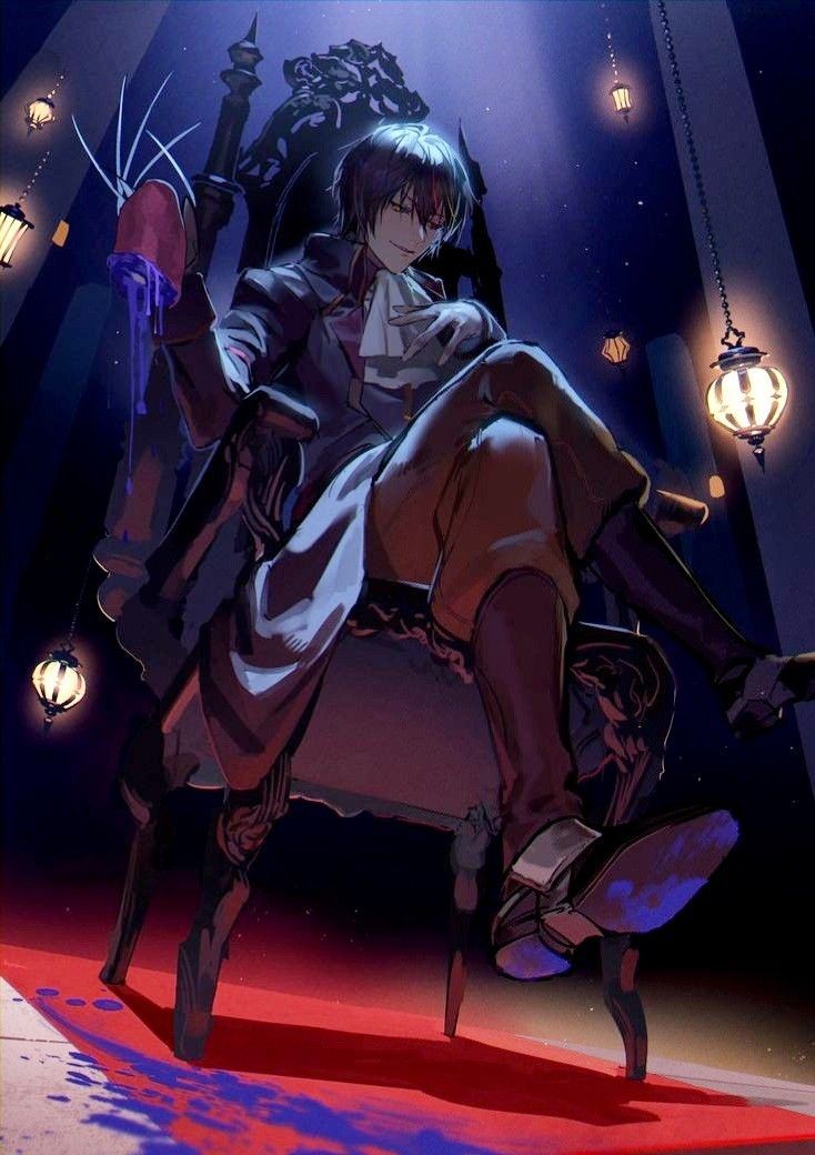 1boy 1other androgynous black_background black_coat black_hair black_jacket black_sclera blue_hair closed_mouth coat colored_sclera diablo_(tensura) frown gloves hair_between_eyes head_rest jacket long_hair long_sleeves rxdry short_hair smile straight_hair tensei_shitara_slime_datta_ken v-shaped_eyebrows white_gloves yellow_eyes
