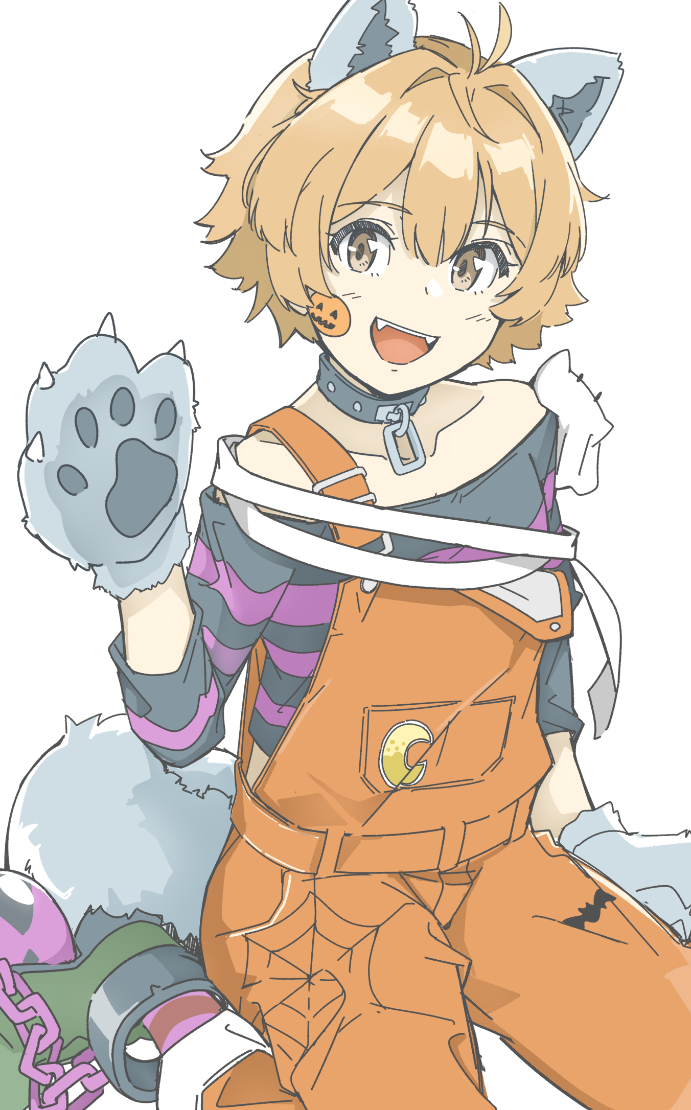 1girl animal_collar animal_ears animal_hands animal_print ball_and_chain_restraint bat_print black_collar brown_eyes brown_hair collar fangs fubupula gloves highres kantai_collection messy_hair oboro_(halloween)_(kancolle) oboro_(kancolle) official_alternate_costume orange_overalls overalls paw_gloves shirt simple_background sitting smile solo spider_web_print sticker_on_face striped_clothes striped_shirt tail wariza white_background wolf_ears wolf_tail