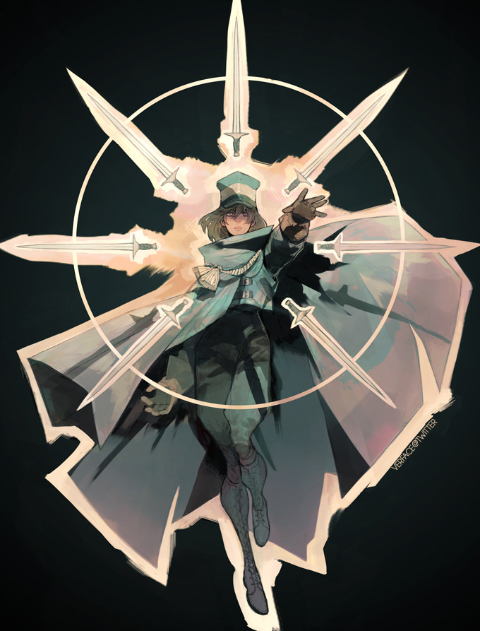 androgynous bad_anatomy blue_cape blue_hat boots brown_gloves brown_hair cape full_body gender_request gloves grey_eyes hand_up hat lace-up_boots long_hair looking_at_viewer original outstretched_hand pants shadow simple_background solo standing sword twitter_username ver_(verface) weapon