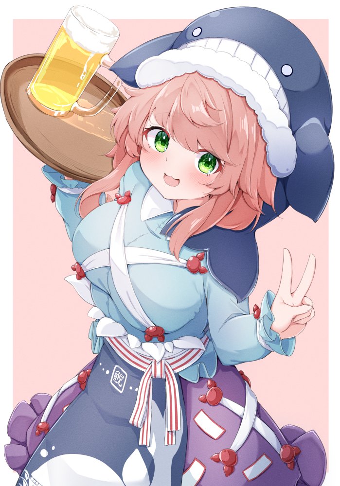 1girl :d alcohol beer beer_mug blue_hat blue_shirt blue_skirt blush border breasts commentary_request cowboy_shot cup double_v green_eyes hands_up hat holding holding_tray large_breasts long_sleeves looking_at_viewer mug okunoda_miyoi open_mouth outside_border pink_background purple_hair rururiaru sash shirt short_hair simple_background skirt smile solo touhou tray v whale_hat white_border white_sash