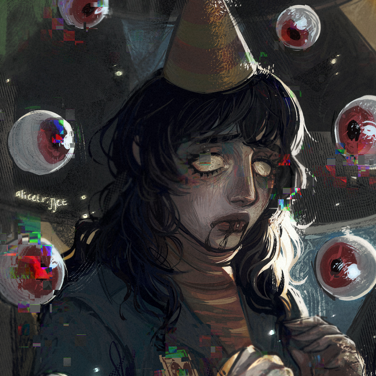1girl alicetrijjet anya_(mouthwashing) black_hair blood blood_from_mouth blood_on_face blue_jacket closed_mouth death empty_eyes glitch happy_birthday hat highres horror_(theme) jacket mouthwashing party_hat pony_express_uniform portrait red_eyes red_sweater solo sweater