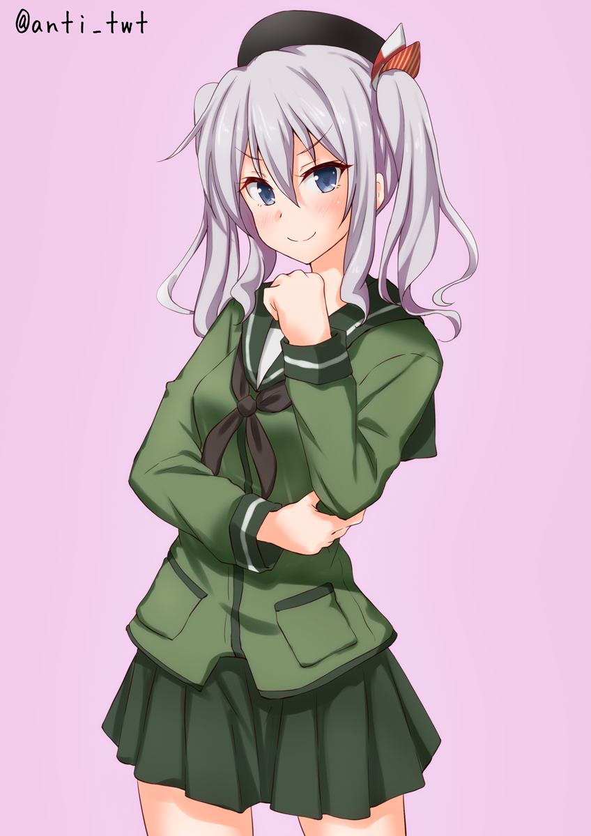 1girl alternate_costume anti_(untea9) black_neckerchief blue_eyes commentary_request cosplay cowboy_shot female_focus green_sailor_collar green_serafuku green_skirt highres kantai_collection kashima_(kancolle) kitakami_(kancolle) kitakami_(kancolle)_(cosplay) long_sleeves looking_at_viewer neckerchief pink_background pleated_skirt sailor_collar school_uniform serafuku sidelocks silver_hair simple_background skirt smile solo standing tsurime twintails wavy_hair