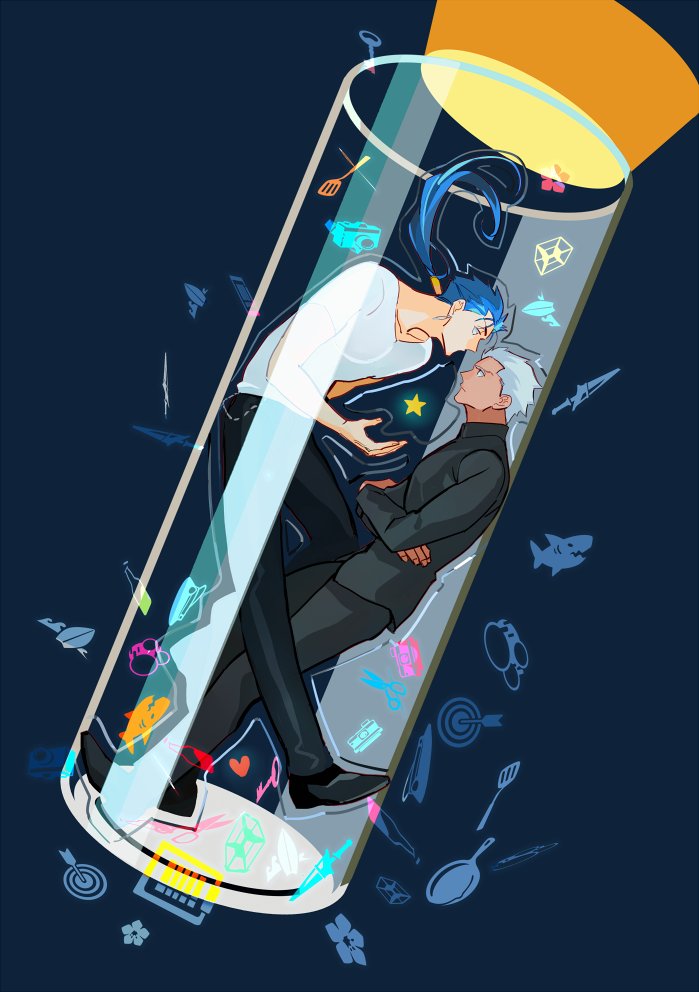 2boys archer_(casual_wear)_(fate) archer_(fate) black_footwear black_pants black_shirt blue_background blue_hair collarbone commentary crimo cu_chulainn_(casual_wear)_(fate) cu_chulainn_(fate) cu_chulainn_(fate/stay_night) english_commentary eye_contact fate/stay_night fate_(series) floating_hair frying_pan full_body heart key long_hair looking_at_another male_focus multiple_boys pants ponytail scissors shark shirt shoes spatula star_(symbol) vial white_shirt yaoi