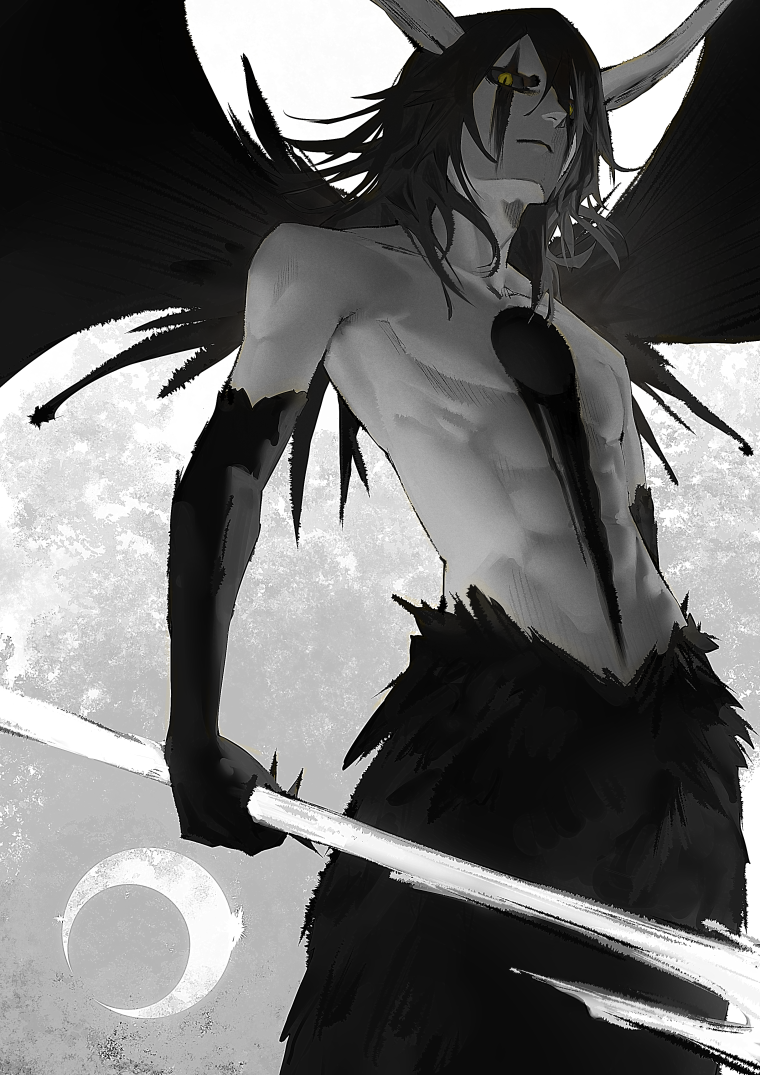 1boy black_hair black_sclera black_skin bleach colored_sclera colored_skin from_below grey_background holding holding_weapon hole_on_body horns long_hair looking_at_viewer male_focus mi8pq moon serious simple_background solo toned toned_male ulquiorra_cifer weapon white_skin yellow_eyes