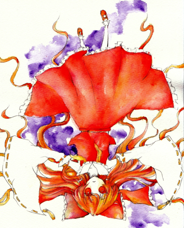 1girl ascot bow brown_hair detached_sleeves frilled_bow frilled_hair_tubes frills h1watar1 hair_bow hair_tubes hakurei_reimu long_hair looking_at_viewer painting_(medium) red_bow red_eyes red_skirt ribbon-trimmed_sleeves ribbon_trim skirt solo touhou traditional_media upside-down very_long_hair watercolor_(medium) yellow_ascot