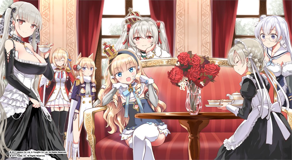 6+girls animal_ears azur_lane azur_lane:_queen&#039;s_orders crossed_legs crown cup dog_ears dress edinburgh_(azur_lane) flower flower_pot formidable_(azur_lane) glasses holding holding_cup holding_tray holding_unworn_clothes holding_unworn_dress indoors king_george_v_(azur_lane) maid multiple_girls no_pants official_art promotional_art queen_elizabeth_(azur_lane) red_curtains rose sheffield_(azur_lane) sitting skirt_hold table teacup teapot thighhighs tray tsuchii_(ramakifrau) valiant_(azur_lane) warspite_(azur_lane)