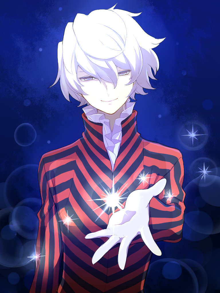 10s 1boy bad_id bad_pixiv_id big_dipper constellation devil_survivor_(series) devil_survivor_2 energy grey_eyes kudou_akira male_focus melancholy_man open_hand popped_collar reaching smile solo star_(sky) striped white_hair