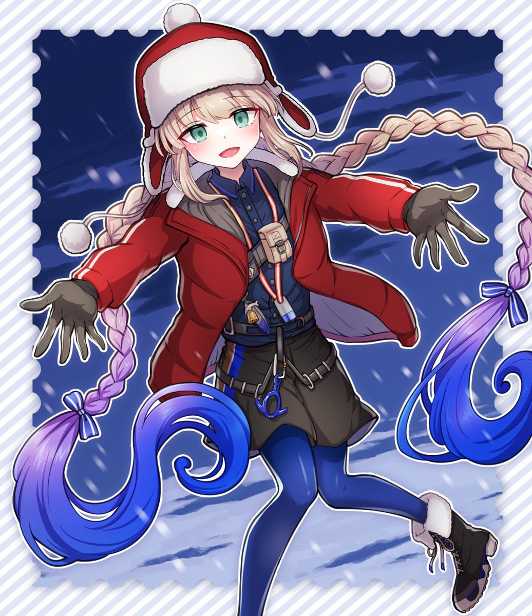 1boy alternate_costume black_footwear black_shorts blonde_hair blue_eyes blue_leggings blue_shirt braid captain_nemo_(fate) captain_nemo_(santa)_(fate) christmas commentary fate/grand_order fate_(series) fur_hat hat highres jacket leggings male_focus nemo_(fate) official_alternate_costume open_clothes open_jacket outstretched_arms red_jacket shell_ocean shirt shorts snowing solo twin_braids ushanka